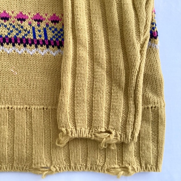NWT Easel Yellow Fair Isle Knit Sweater | Boho Distressed Hem | Size S - Picture 7 of 9